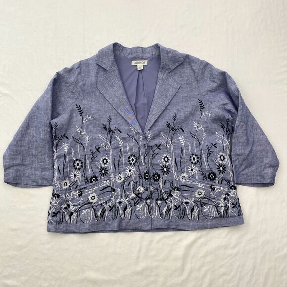 Coldwater Creek Linen Blazer Jacket Petite Large Embroidered Floral Pockets - Picture 1 of 13